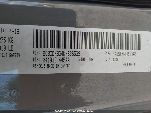 2C3CDXBG4KH636539 Dodge Charger Sxt Rwd