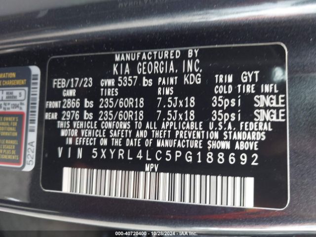5XYRL4LC5PG188692 KIA SORENTO S