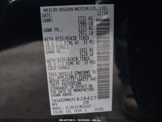 5N1AR2MMXFC628427 Nissan Pathfinder Platinum/s/sl/sv