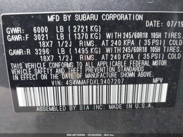 4S4WMAFDXL3407207 Subaru Ascent Premium
