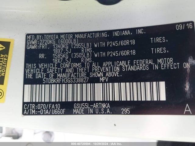 5TDBKRFH3GS338827 Toyota Highlander Le/le Plus