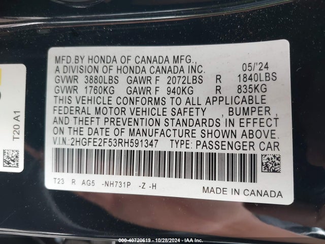 2HGFE2F53RH591347 Honda Civic Sport