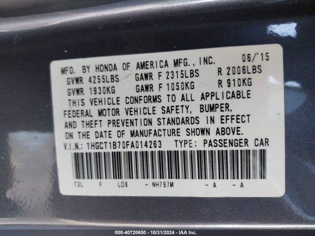 Honda ACCORD EX 2015 1HGCT1B70FA014263 Image 9