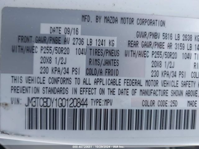 JM3TCBDY1G0120844 Mazda Cx-9 Grand Touring