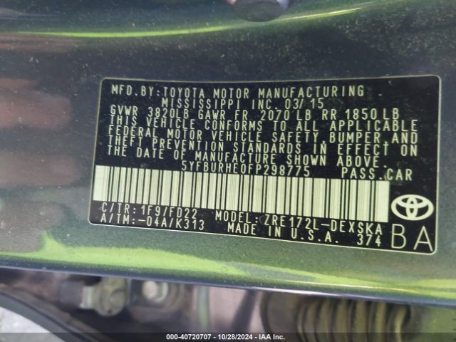 5YFBURHE0FP298775 Toyota Corolla S Plus