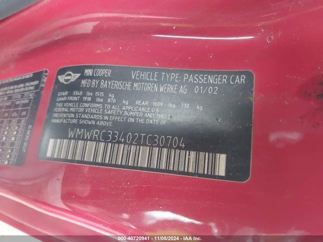 2002 MINI COOPER WMWRC33402TC30704 Photo 8