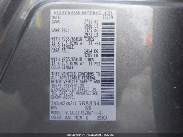 5N1DR2BN2LC588834 Nissan Pathfinder Sv 2wd