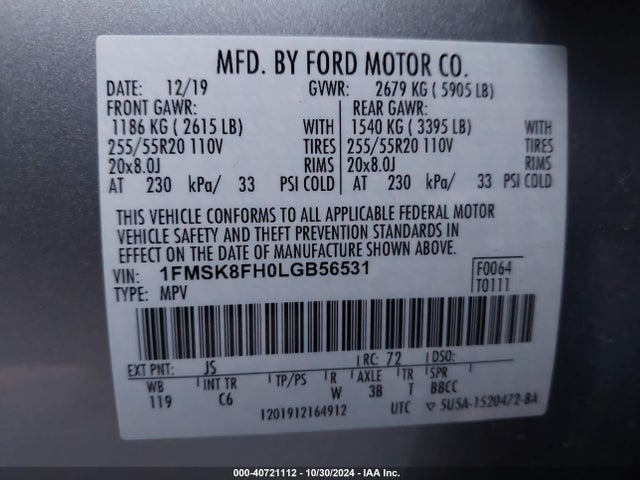 Ford Explorer Limited 2020 1FMSK8FH0LGB56531 Image 9