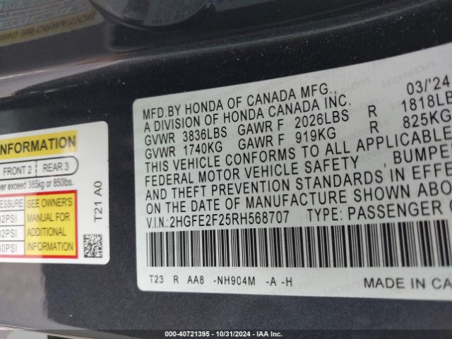 2HGFE2F25RH568707 Honda Civic Lx