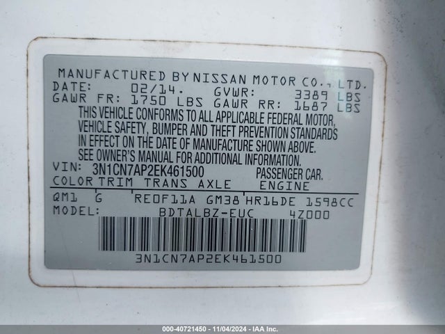 Nissan Versa 1.6 Sv 2014 3N1CN7AP2EK461500 Image 9