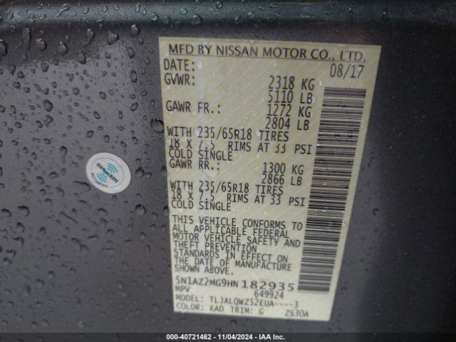 5N1AZ2MG9HN182935 Nissan MURANO SV