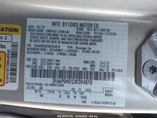 3FA6P0HD2JR204870 Ford FUSION SE