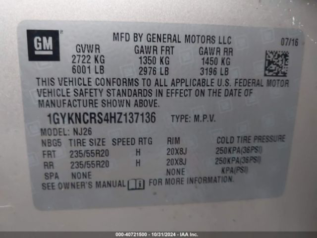 1GYKNCRS4HZ137136 Cadillac Xt5 Premium Luxury