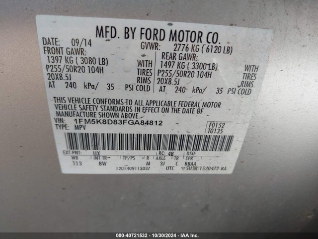Ford EXPLORER XLT 2015 1FM5K8D83FGA84812 Image 9