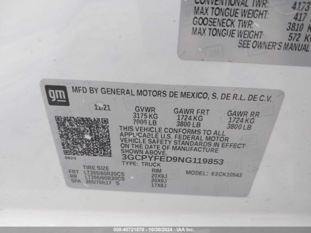 3GCPYFED9NG119853 Chevrolet Silverado 1500 Ltd 4wd  Short Bed Lt Trail Boss