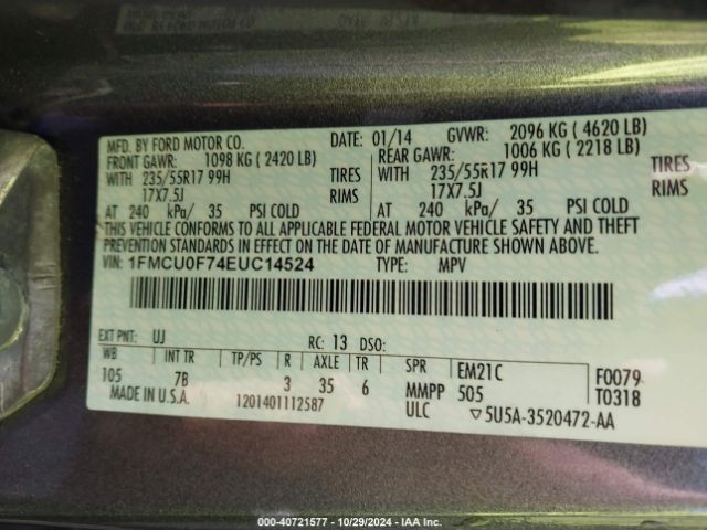 1FMCU0F74EUC14524 Ford ESCAPE S