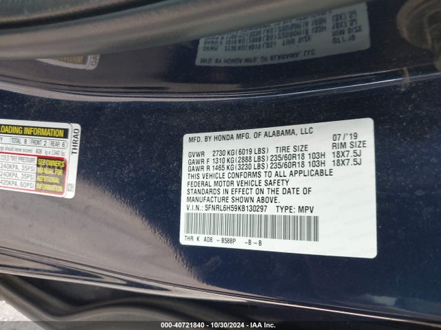 Honda ODYSSEY EX 2019 5FNRL6H59KB130297 Image 9