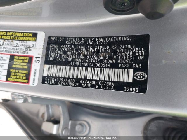 4T1B11HK3JU060944 Toyota CAMRY LE