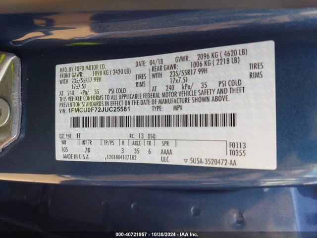 Ford ESCAPE S 2018 1FMCU0F72JUC25581 Image 9