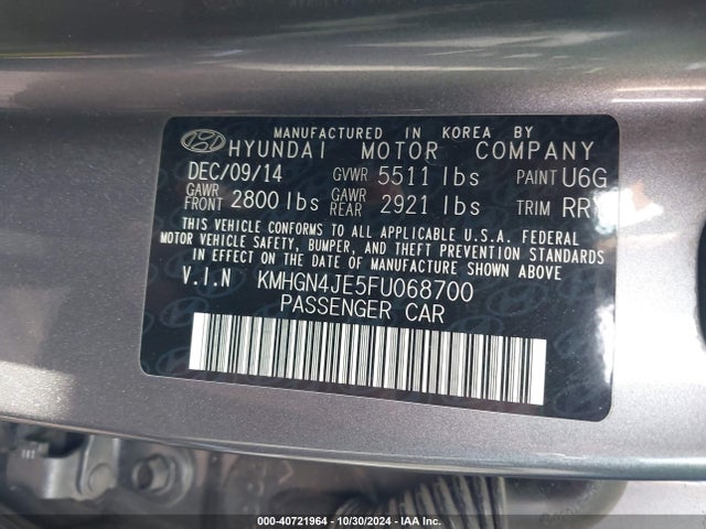 Hyundai Genesis 3.8l 2015 KMHGN4JE5FU068700 Image 9