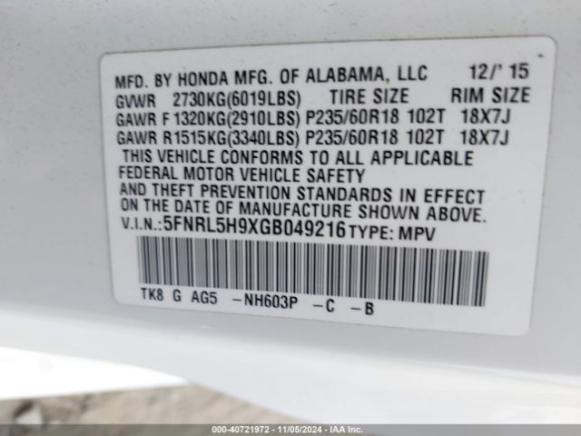5FNRL5H9XGB049216 Honda Odyssey Touring/touring Elite