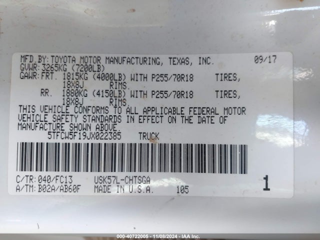 5TFCW5F19JX022385 Toyota Tundra Sr5 5.7l V8