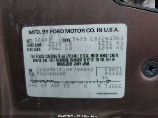 1987 LINCOLN TOWN CAR 1LNBM81F1HY704442 Photo 8