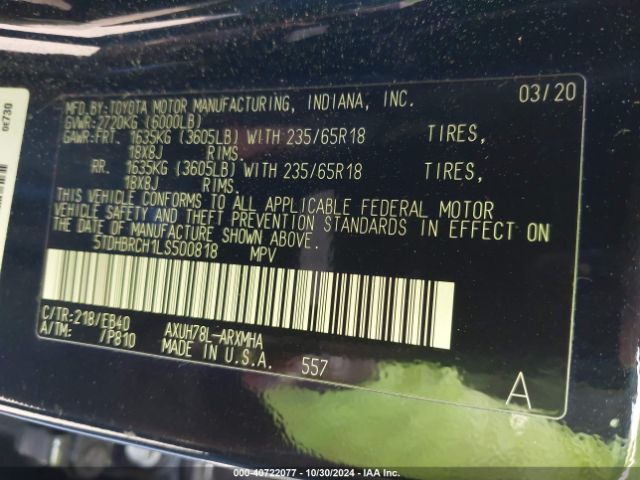 5TDHBRCH1LS500818 Toyota Highlander Hybrid Xle