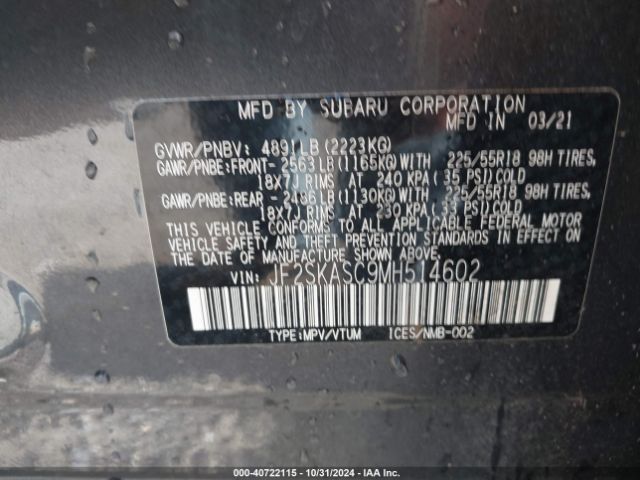 JF2SKASC9MH514602 Subaru Forester Limited