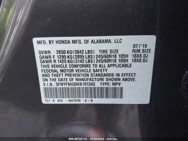 5FNYF6H38KB101343 Honda Pilot Ex