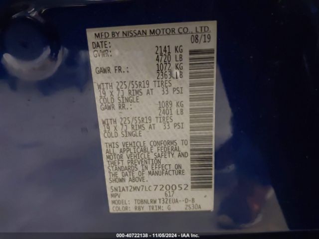 5N1AT2MV7LC720052 Nissan Rogue Sl Intelligent Awd