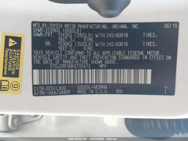 5TDJZRFH0KS705473 Toyota Highlander Xle