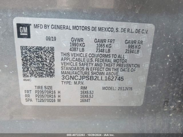 3GNCJPSB2LL162745 Chevrolet Trax Awd Lt