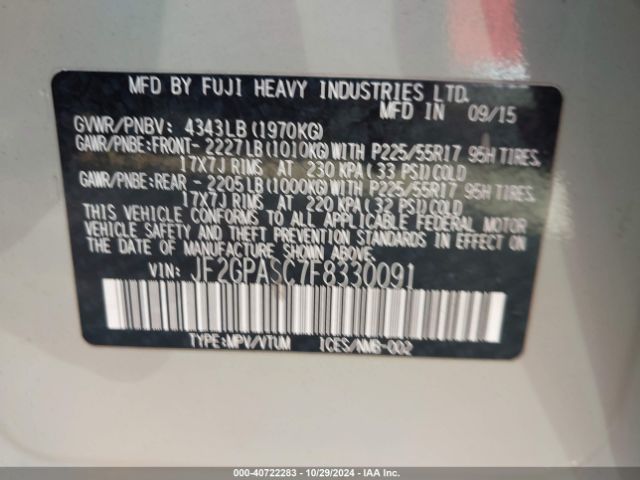 JF2GPASC7F8330091 Subaru Xv Crosstrek 2.0i Limited