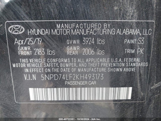 Hyundai ELANTRA SE 2019 5NPD74LF2KH493173 Image 9