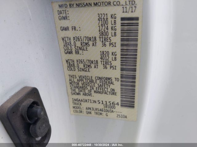 1N6AA1R71JN511564 Nissan TITAN S