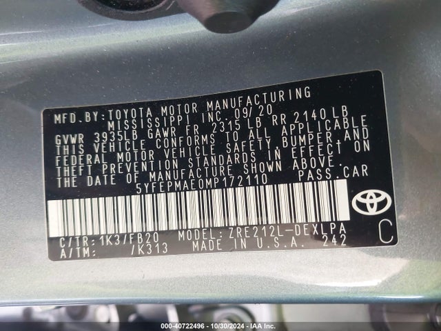 Toyota COROLLA LE 2021 5YFEPMAE0MP172110 Image 9