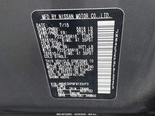 JN8AE2KP9F9133473 Nissan Quest Platinum/s/sl/sv