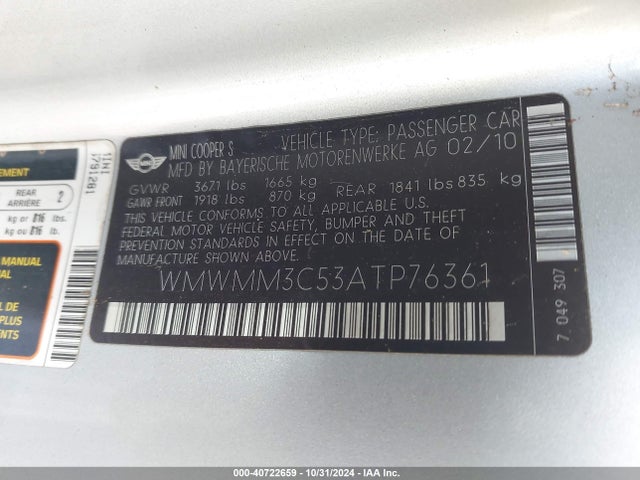 2010 MINI COOPER S CLUBMAN WMWMM3C53ATP76361 Photo 8