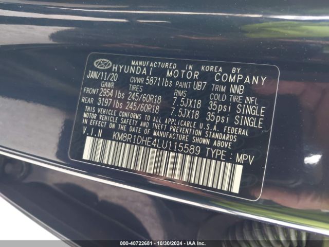 KM8R1DHE4LU115589 Hyundai Palisade Se