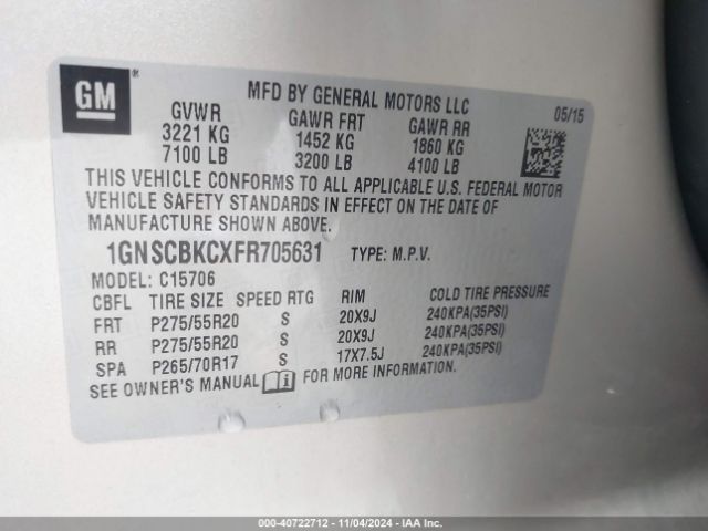 1GNSCBKCXFR705631 Chevrolet Tahoe Lt