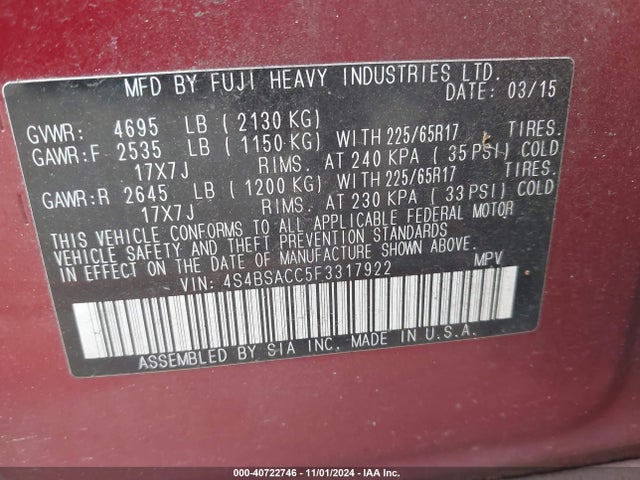 Subaru Outback 2.5i Premium 2015 4S4BSACC5F3317922 Image 9