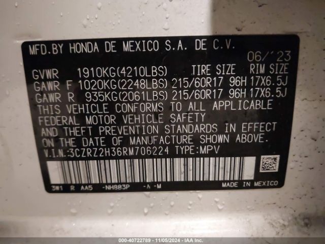 3CZRZ2H36RM706224 Honda Hr-v Awd Lx
