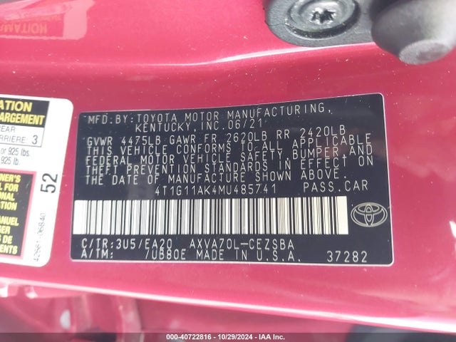Toyota CAMRY SE 2021 4T1G11AK4MU485741 Image 9
