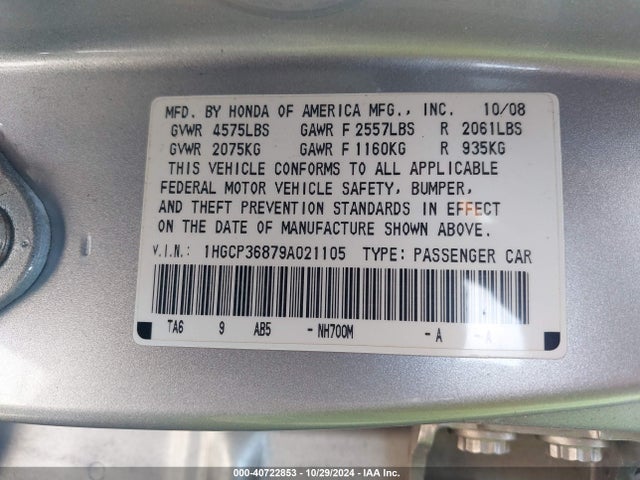 Продаж на аукціоні авто 2009 Honda Accord 3.5 Ex-l, vin: 1HGCP36879A021105, номер лоту: 40722853