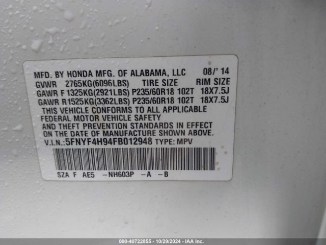 5FNYF4H94FB012948 Honda Pilot Touring