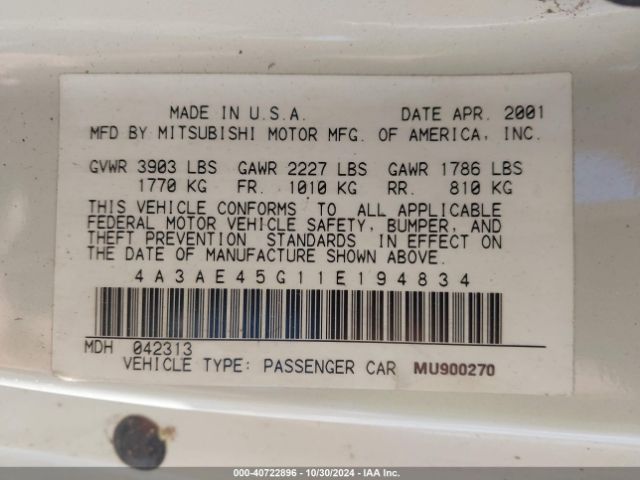 2001 MITSUBISHI ECLIPSE SPYDER 4A3AE45G11E194834 Photo 8