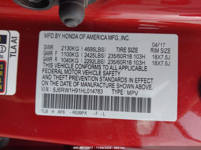 5J6RW1H91HL014783 Honda Cr-v Touring