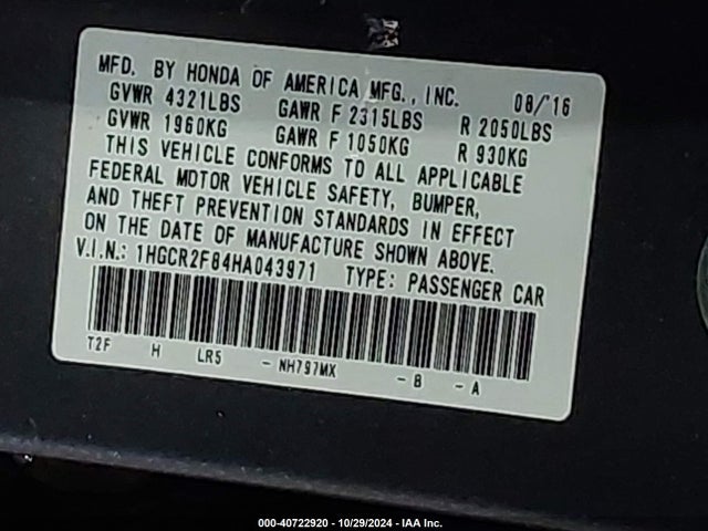 Honda Accord Ex-l 2017 1HGCR2F84HA043971 Image 9