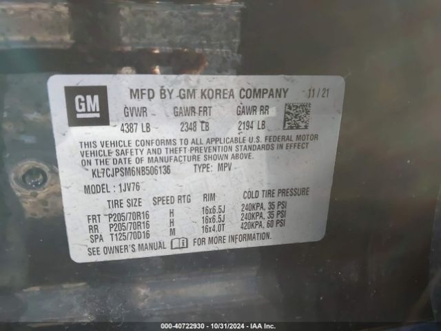 KL7CJPSM6NB506136 Chevrolet Trax Awd Lt
